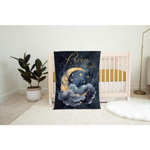 Luna Blanket, Personalized Moon and Stars Baby Blanket, Crescent Moon Blanket, New Baby Gift, Moon Baby Blanket, Girl Blanket T64