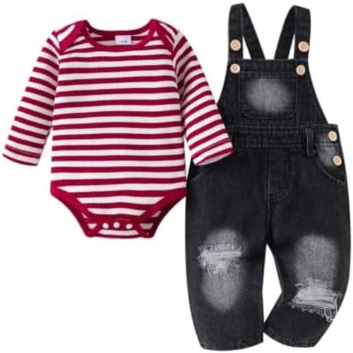 Baby Boy Clothes Newborn Suspender Overalls Ripped Jeans Long Sleeve Striped Romper Fall Winter Outfits 0-18 Months