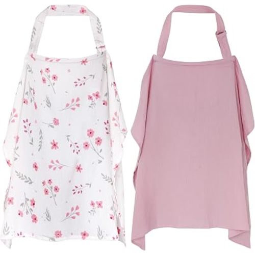 2 Pack Muslin Nursing Cover for Breastfeeding, 100% Cotton Soft Privacy Nursing Covers Apron Breastfeeding Cover with Arch Neckline for Women New Mom, Multi-use Breastfeeding Essentials