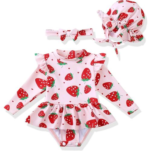 Renotemy Infant Baby Girls Swimsuit Toddler Bathing Suit Long Sleeve Zipper One-Piece Rash Guard Ruffle Swimwear with Hat
