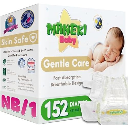 MANEKI Newborn Diapers, Highly Absorbent & Breathable Baby Diapers, Size Newborn (up to 11 lbs), 152 Count, Hypoallergenic & Fragrance-Free, Day & Night Protection for Sensitive Skin, Pack May Vary