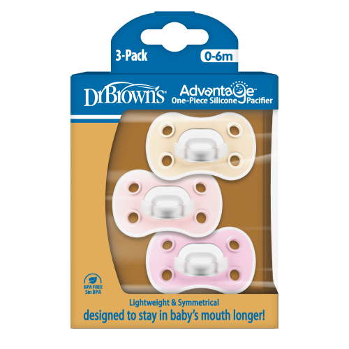 Dr. Brown's Advantage One-Piece Silicone Baby Pacifier, Fully Symmetrical, Ecru/Light Purple/Pink, 0-6m, BPA Free, 3-Pack