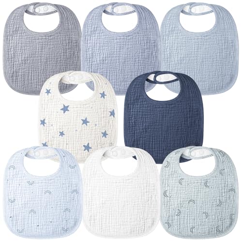 Bearmoss Baby Bibs for Drooling and Teething 100% Cotton Muslin Bibs for Baby Boy & Girl,Adjustable, Ultra Absorbent,8 Pack
