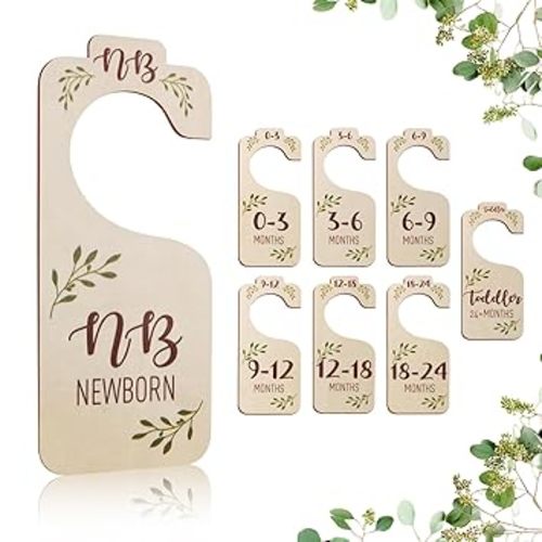 Baby Closet Dividers for Clothes Organizer - 8 PCS Adorable Wooden Double-Sided Baby Clothes Size Hanger Organizer from Newborn to Toddler for Nursery Decor