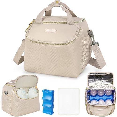 Wearable Breast Pump Bag,Breastmilk Cooler Travel Bag Compatible with Momcozy/Eufy/Elvie/Willow/Medela Breast Pump with Ice Pack and Water Resistent Mat for 6 Baby Bottles Up to 9 Ounce,Khaki