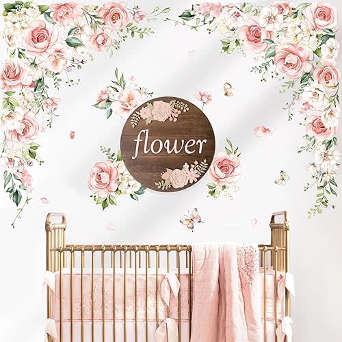 decalmile Large Pink Flower Wall Decals Pink Blossom Floral Vine Butterfly Wall Stickers Baby Nursery Girls Bedroom Living Room Wall Decor
