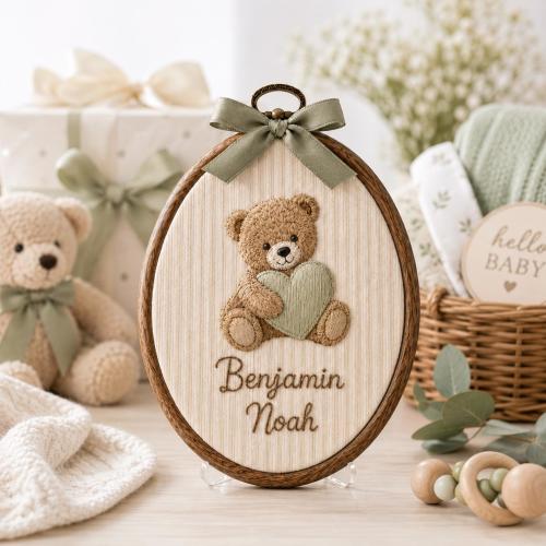 Personalized Baby Name Embroidery Hoop, Teddy Bear Nursery Wall Art, Custom Newborn Keepsake, Sage Green Bow Baby Shower Gift