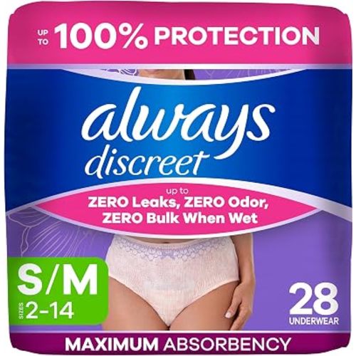 Always Discreet Adult Incontinence Underwear for Women and Postpartum Underwear, S/M, Up to 100% Bladder Leak ProteCountion, 28 Count