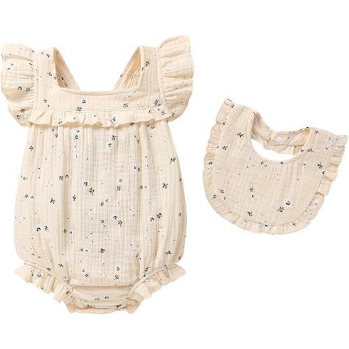 YOUNGER TREE Baby Girl Romper 100% Cotton Ruffle Sleeveless Summer Outfit with Accessory Soft Infant Clothes for Daily Wear