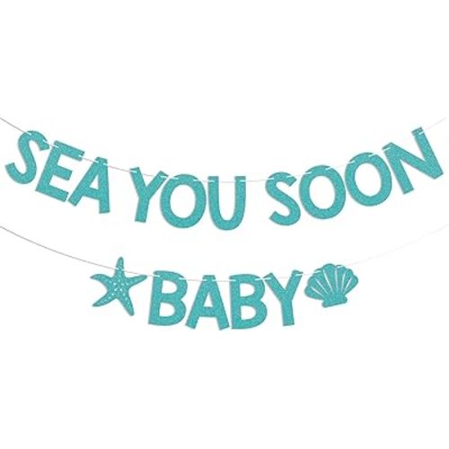 Sea You Soon Baby Banner - Ocean Animals Welcome Boy or Girl Banner, Under The Sea Baby Shower Decorations Blue Glitter