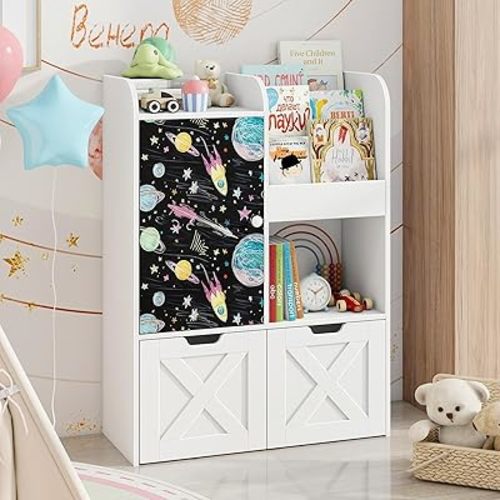 Kids Toy Storage Organizer with Reading Nook, Wooden Kid Bookshelf with Chalkboard and 2 Movable Drawers, Multi-functional Toy Chest Shelf Organizer with Hidden Wheels for Playroom, Kids Room, White