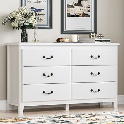 Farmhouse 6 Drawer Dresser for Bedroom, Chest of Drawers with Antique Handles, Modern Wooden Dressers, Vintage Rustic Dresser Storage Organizer for Bedroom, White