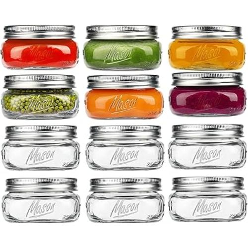 Mason Jars, 8 OZ, Wide Mouth, 12 Pack with Lids and Bands for baby food