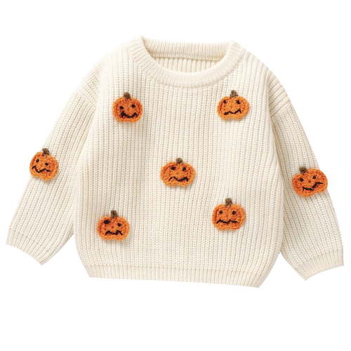 Odeerbi Infant Boys Girls Pullover Sweater Halloween Pumpkin Knit Jumper Tops Infant Winter Warm Halloween Pumpkin Pattern Knitted Sweaters Tops Beige