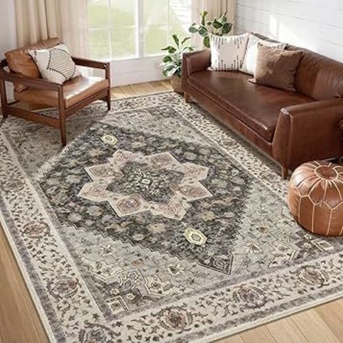 Tangsoo 6x9 Area Rug Washable Rug for Living Room, Vintage Indoor Non Slip Large Area Rugs, Print Distressed Grey Carpet, Soft Low Pile Foldable Floor Rug for Bedroom Dining Room