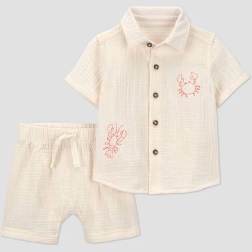 Carter's Just One You® Baby Boys' 2pc Crab Button-Down T-Shirt and Shorts Set - Ivory/Orange 6M