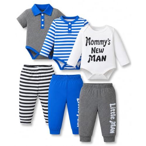 Jecson Baby Boy Clothes 6 Piece Stretch Bodysuit and Pants Outfit for 0-12M | Soft stretchy knit flexes with baby while three bodysuits and three pants mix and match for comfortable everyday wear at home