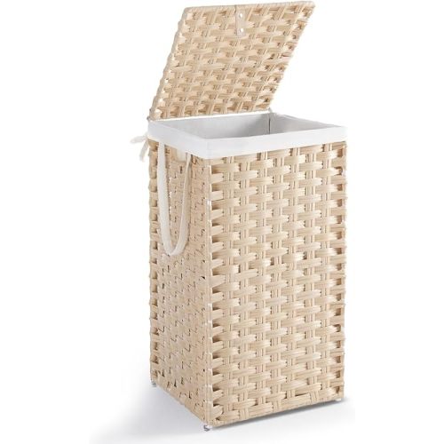 DUMOS Laundry Basket with Lid, 65L Wicker Laundry Hampers, Summer Sand