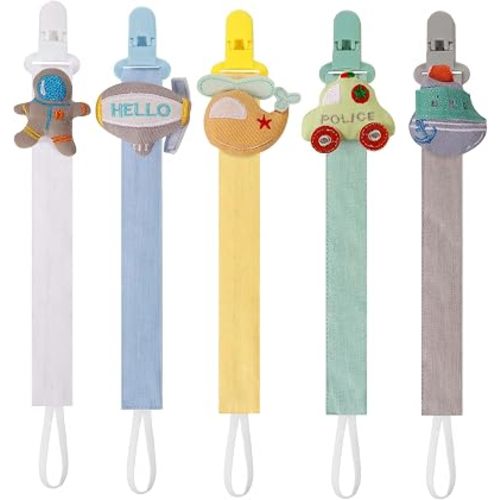 5 Pack Pacifier Clips for Baby Boys, Multicolor Fabric Straps,5pcs Straps, Approx. 11 in / 29 cm, Resin Clips with Inner Grip Design, Fits Most Pacifiers with Handles(12)