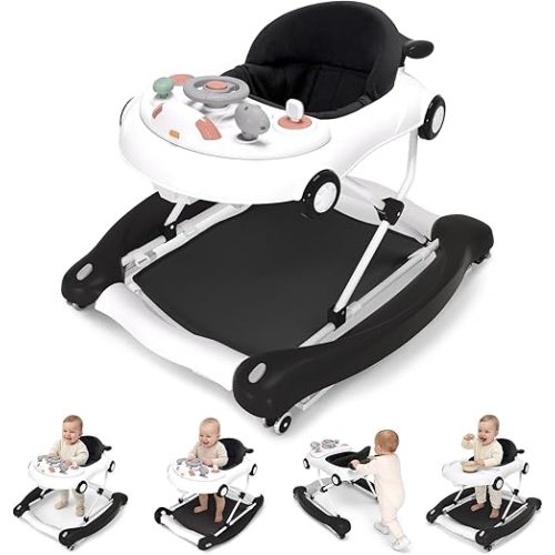5-in-1 Convertible Baby Walker with Steering Wheel Music Activity Center – Infant Rocker, Jumper, Push Walker, Bouncer & Feeding Foldable Walker for Ages 6-18 Months Boys Girls (Black)