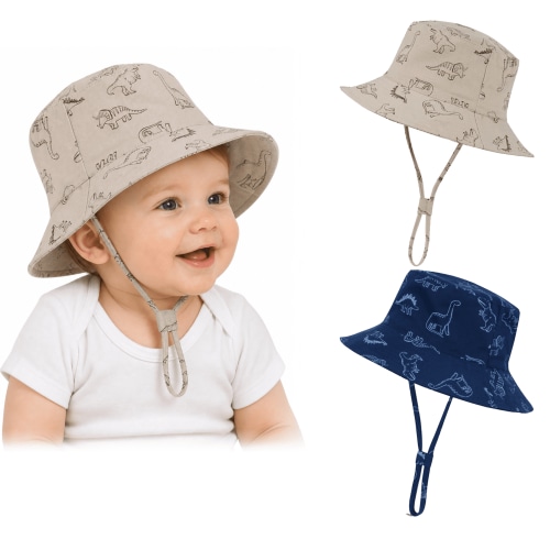 Zando 2-Pack Baby Sun Hats UPF 50+ Wide Brim Toddler Bucket Hats Adjustable Dinosaur Print Sun Protection Hat for Baby Boys Girls Dinosaur Khaki Dinosaur Navy 6-12 Months