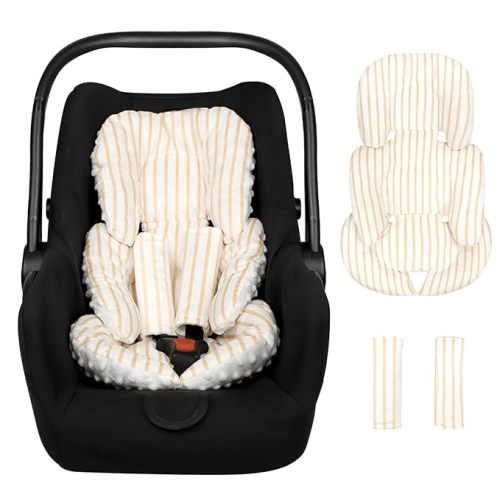 Infant Car Seat Insert, Car Seat Head Support Baby Girls Boys, Soft & Reversible Newborn Carseat Insert Cushion with 2 Strap Covers, for Stroller, Swing, Bouncer (Brown Line)