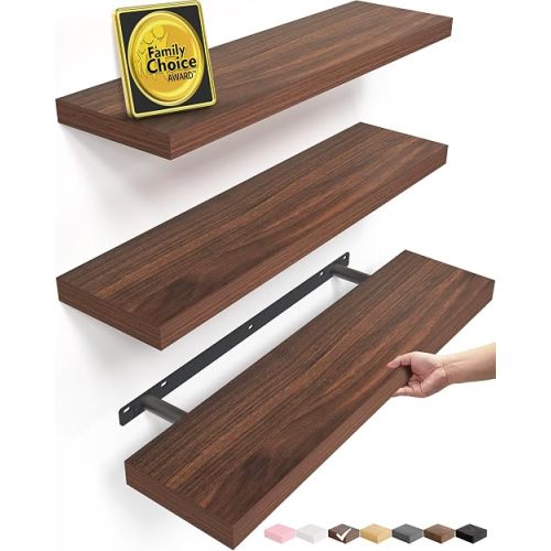 BAYKA Walnut-Like Floating Shelves 22.5in, 3Pack, Wall Mounted Wall Decor