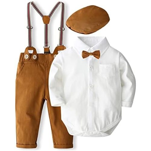 SALNIER Baby Boy Dress Suit Clothes Sets Infant Tuxedo Gentleman Suits Outfits Bowtie Shirt Suspenders Pants Beret Hat