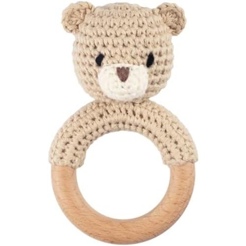 Joliecraft Safari Animals Wooden Baby Rattle Toys Stuffed Crochet Rattle with Teether Ring for Newborn, Beige Bear