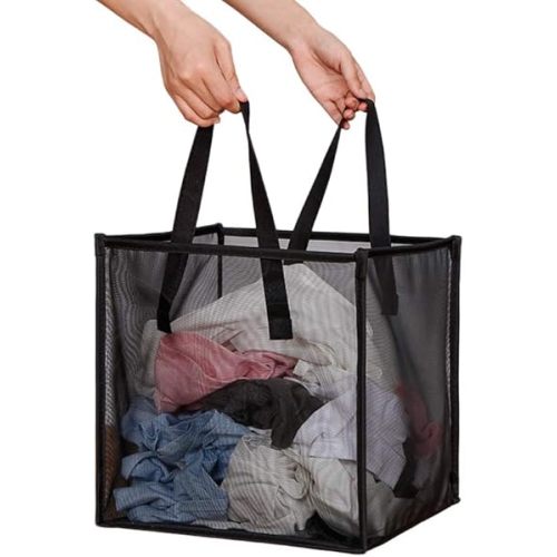 HONOMA Laundry Bags Hamper Bag with Handles,Portable &Collapsible Dirty Clothes Mesh Basket Foldable for Washing Storage, Kids Room,Dorm or Travel (Black, Single-Layer)