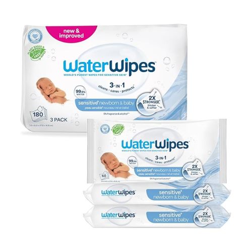 WaterWipes Sensitive+ Newborn & Baby Wipes, 3-In-1 Cleans, Cares, Protects, 99.9% Water, Unscented & Hypoallergenic, 180 Count (3 Packs)