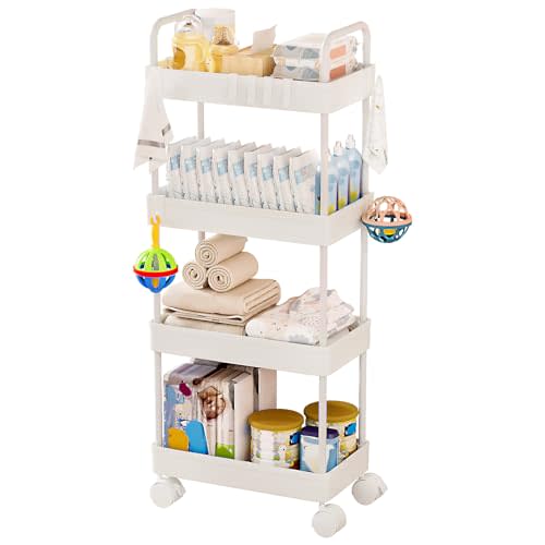 Homde Diaper Caddy Cart for Nursery: 4 Organized Zones for Daily Baby Care | 4-Tier Sorts Diapers, Wipes & Newborn Essentials - New Moms Keep Changing Table & Crib-Side Tidy - 8 Hooks Hold Small Items