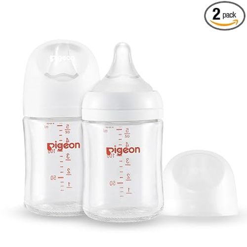 Pigeon Glass Nursing Bottle Wide Neck, Anti-Colic, Streamlined Body, Natural Feel, Easy to Clean, Heat-Resistant, 5.4 Oz (Pack of 2), Includes 2pcs SS Nipples (0m+)