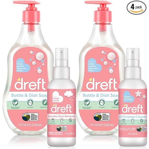 DREFT Bottle and Dish Soap Baby Gift Set - Bonus Travel Size Dreft All Purpose Cleaner & Stain Remover - Made to Clean Baby Essentials - Plant Based Ingredients, Fragrance Free Formula - 4 Piece Set