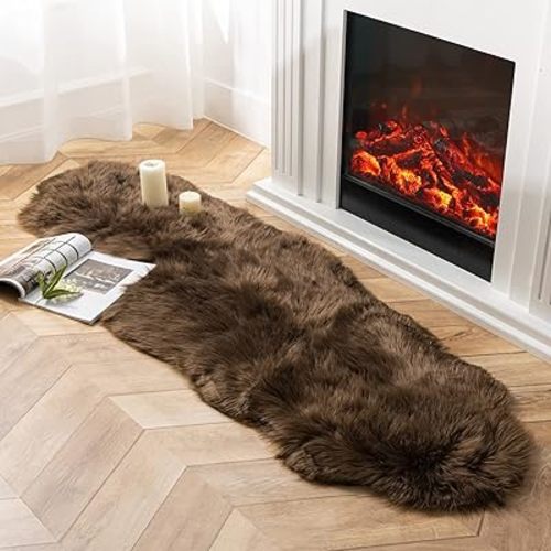 Ashler Faux Fur Rug, Fluffy Shaggy Area Rug Ultra Soft 2 x 6 Feet Sheepskin Fur Rug, Dark Coffee Fuzzy Rug Machine Washable Shag Rug, Nursery Decor Throw Rugs for Bedroom, Kids Room, Living Room