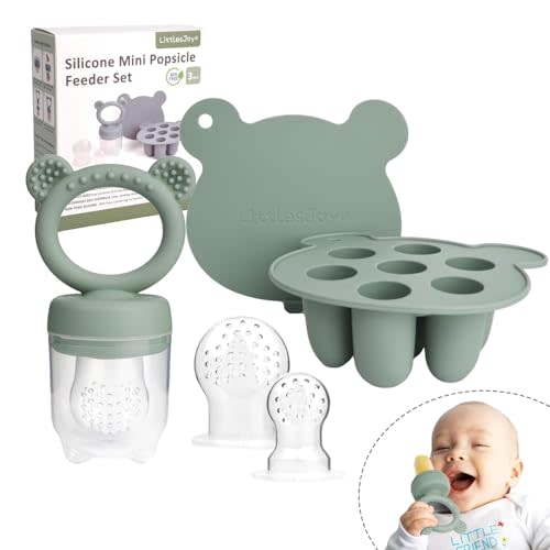 Silicone Baby Fruit Feeder & Freezer Tray Set, Breast Milk Popsicle Mold, BPA Free for 3+ Months, Includes Silicone Pouches (Sage)