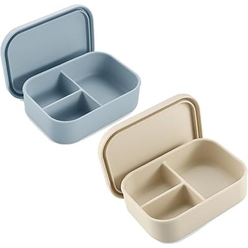 PandaEar 2 Pack Silicone Bento Lunch Box for Toddlers Kids, 3-Compartment Lunch Containers, Leak-Proof & BPA-Free, Microwave & Dishwasher Safe (Blue & Beige)