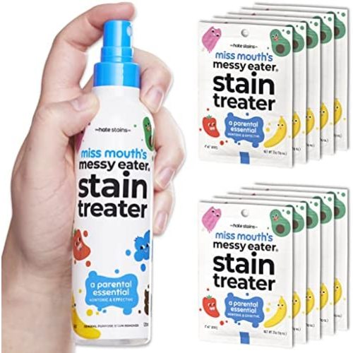 HATE STAINS CO Stain Remover for Clothes - 4oz Spray & 10 Wipes - Newborn & Baby Essentials - Miss Mouth's Messy Eater Stain Treater Spray - No Dry Cleaning Food, Grease, Coffee Off Laundry, Underwear, Fabric
