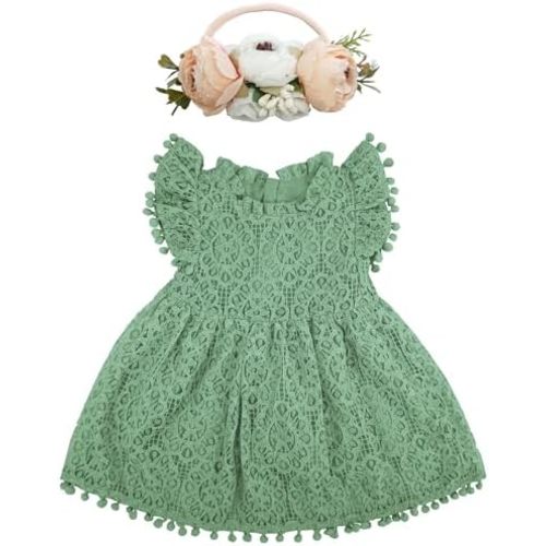 BGFKS Baby Girl Tutu Dress Elegant Lace Pom Pom Flutter Sleeve with Flower Headband Set