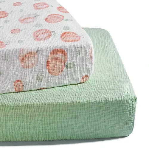 TILLYOU Muslin Crib Sheets for Boys and Girls 2 Pack, Neutral Soft Cotton Baby Crib Mattress Protector, for 52"x 28" Toddler Bed, Peach dot & Light Green