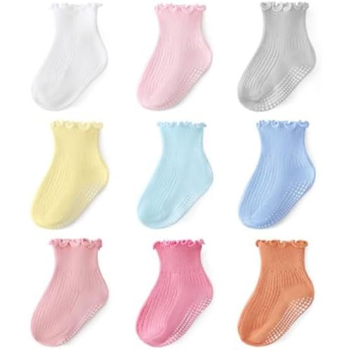 VRCLUB 9 Pairs Toddler Infant Ruffle Socks for Baby Girls Grip Ankle Socks Non Slip Socks Cute Grippy Frilly 0-5Years