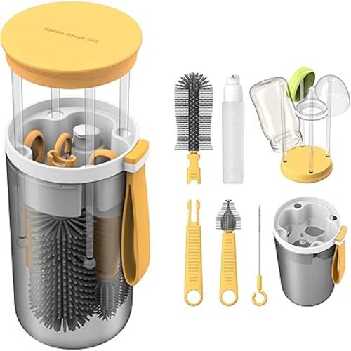 Travel Baby Bottle Brush Set with Extendable Liquid Silicone Bottle Brush，Nipple Brush，Built-in Bottle Drying Rack，Straw Cleaner Brush，Baby Bottle Soap Dispenser，Bottle Warmer (Yellow)