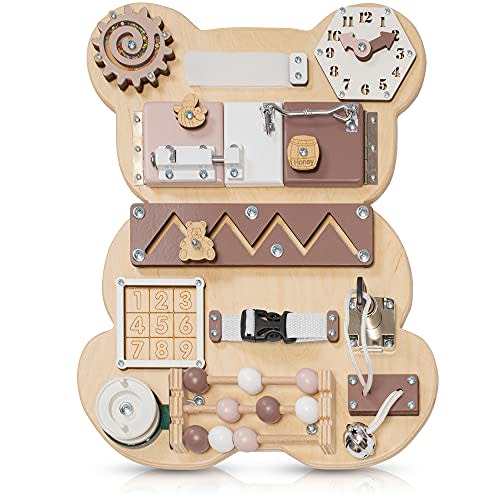 Toddler Busy Board Bear for 1 2 3 Year Old - Wooden Handmade Baby Sensory Activity Boards with Keys, Lock, Latches, Time Telling Clock, Buckle - Travel Car Plane Montessori Toys (Nature)