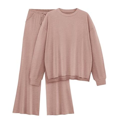 Womens Lounge Set 2025 Fall 2 Piece Outfits Long Sleeve Tops Wide Leg Long Pants Cozy Matching Sets Clothing