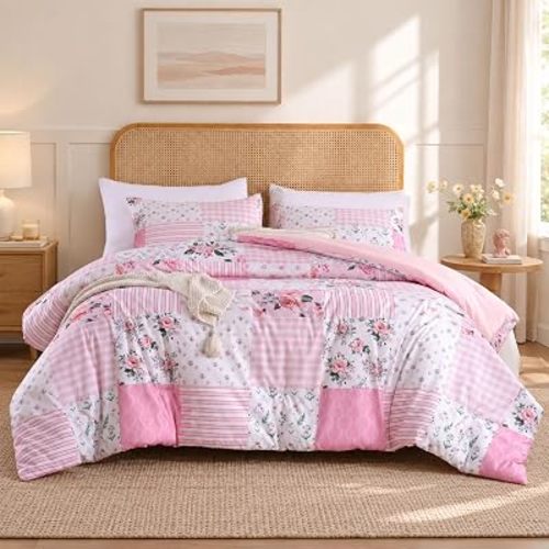YIKUSH Pink Floral Full Comforter Set, Soft Lightweight All Season Bedding Set for Women Girls, Cozy Cottagecore Botanical Comforter Full Size with 2 Pillow Shams, Breathable Floral Bed Set