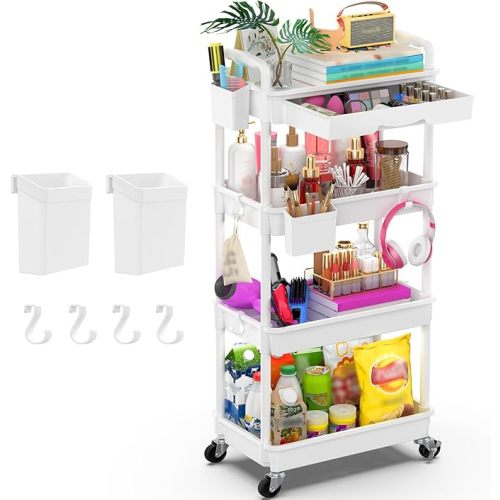 Goovilla 4 Tier Rolling Utility Cart Organizer with Removable Drawer, Stable and Sturdy White Rolling Storage Carts with 2 Lockable Wheels for Bathroom, Kitchen, Snack, Craft, Makeup, Baby Essentials