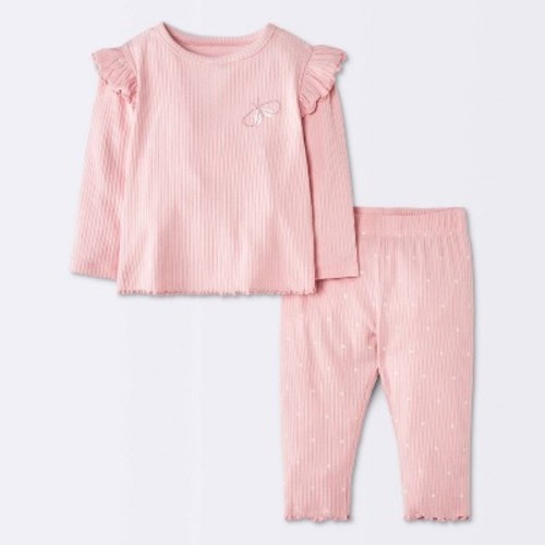 Baby Girls' 2pc Butterfly Graphic Ruffle Long Sleeve T-Shirt and Leggings Set - Cloud Island™ Rose Pink 6-9M