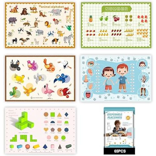 65 Pack Sticky Disposable Placemats for Baby & Toddlers,Toddler Placemat 12"x18" Kids Table Mat for Party, Picnic Table, Restaurants Dining Table Travel Essentials for Toddlers with 5 Designs