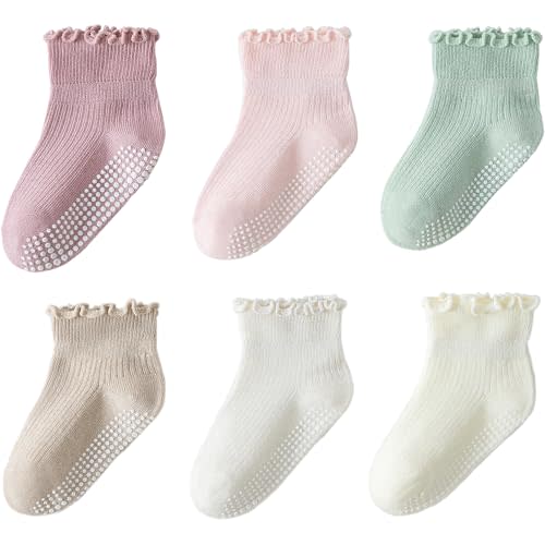 ANYANIME 6 Pairs Toddler Ruffle Socks for Girls - Baby Grip Socks with Non-Slip, Cute Grippy Frilly Design