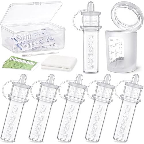 haakaa Silicone Colostrum Collector (0.2oz./6ml,6pcs) & Lidded Cup (0.75oz./25ml) Pack - Collect, Store & Feed Colostrum Ready-to-Use Pack, Reusable Colostrum Syringes Set for Liquid Gold